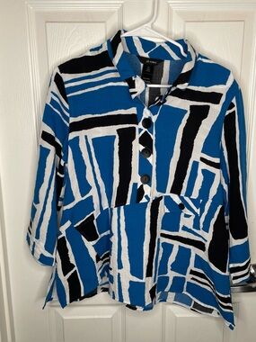 Ali Miles Art to Wear Abstract Colorful Artsy Quirky Blouse in Black/Blue PL